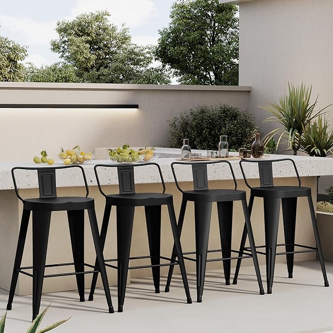 Aklaus Metal Bar Stools Set of 4 Counter Height Bar Stools for Kitchen Island Farmhouse Barstools with Removable Back 24" Indoor Outdoor Barstools, Matte Black