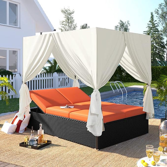 Patio Chaise Lounge, PE Rattan Outdoor Patio Wicker Sunbed Daybed with Adjustable Seats, Four-sided Canopy, Overhead Curtain and Orange Cushions for Backyard, Garden, Poolside (for 2-6 people)