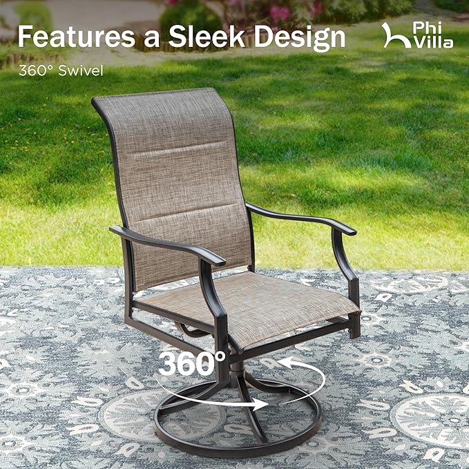 PHI VILLA Swivel Patio Chair Set of 6, 42" High Back Outdoor Chairs with Padded Fabric & E-Coating Frame, All Weather-Resistant for Deck Lawn Garden