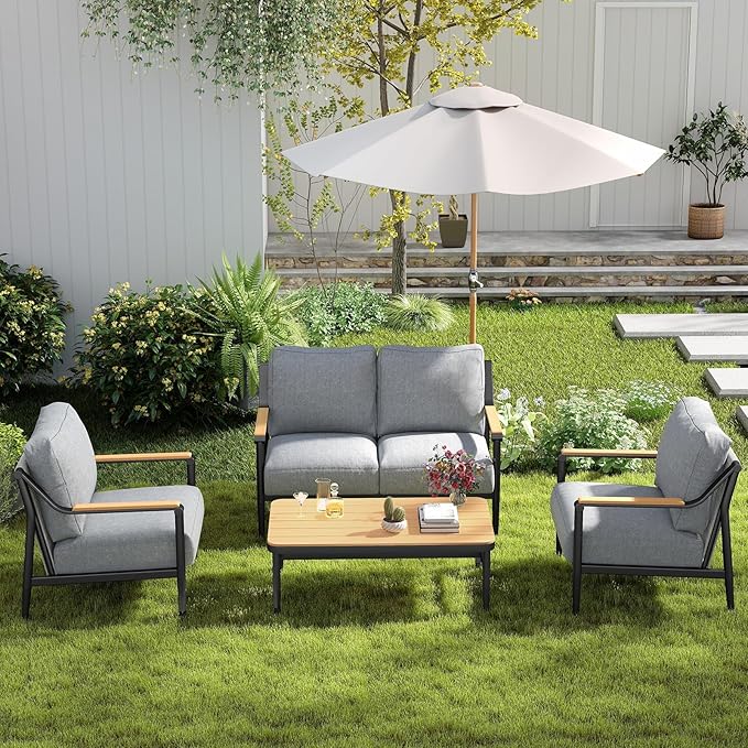 4 Pieces Outdoor Sofa Conversation Set, 4 Seats Couch Set with Table, Metal Frame Rope Weaving Design UV Resistance Waterproof for Patio Garden Balcony, Grey