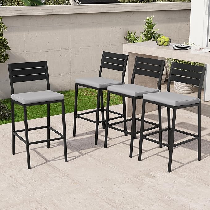 Crestlive Products Outdoor Bar Stools Set of 4, Patio Counter Height Barstools with Cushions, Tall Chairs with Back and Footrest for Deck, Lawn, Garden, Backyard, Poolside, Or Indoor Use (Light Gray)