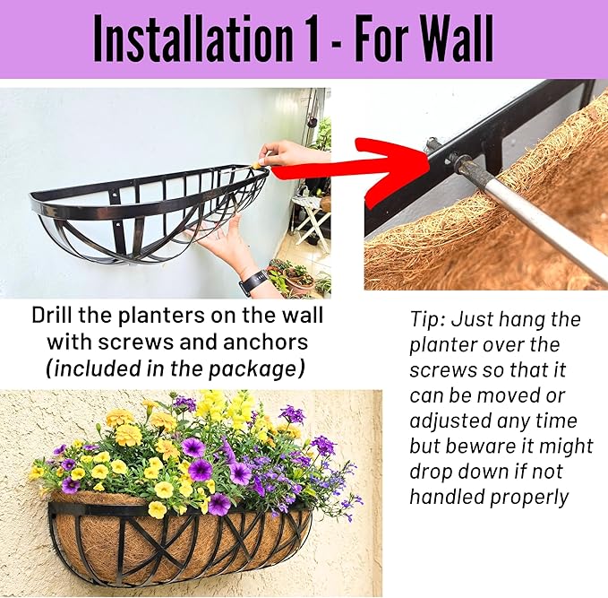 LaLaGreen 36 Inch, 4 Pack Window Boxes Planters – Large Black Metal Window Boxes for Outdoor Plant, Wall Mount Flower Pot with Coco Liner, Attach to House Fence Balcony Herb for Patio Porch Garden
