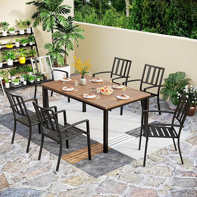 PHI VILLA 7 Pieces Outdoor Dining Set for 6, 65” Brown Wood-Like Metal Steel Dining Table & Stackable Black Iron Chairs, Large Outside Furniture Set for Patio, Deck, Yard, Porch