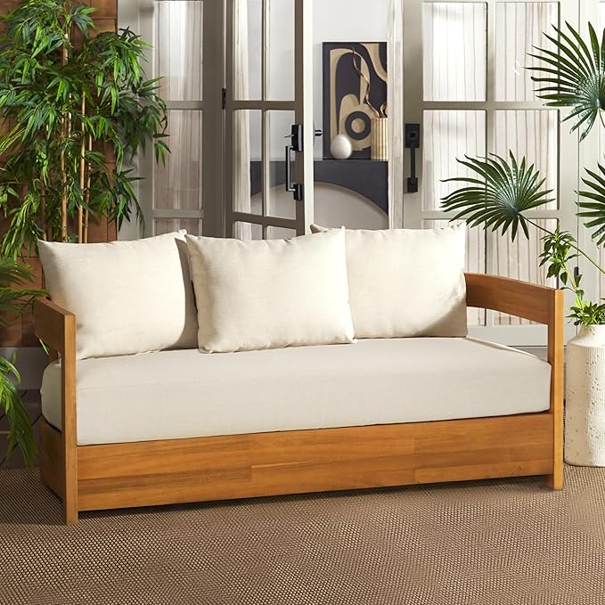 SAFAVIEH Outdoor Patio Furniture Collection - Kento Natural Wood 3-Seater Sofa with Taupe Cushions, Wide & Comfortable Deep Seating, Modern Design (PAT7098A)