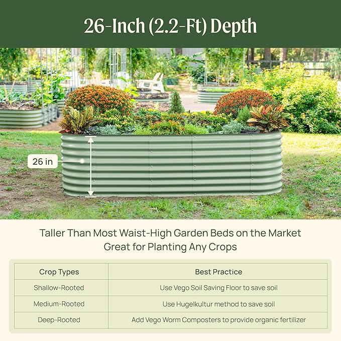 Vego garden 26" Extra Tall Raised Garden Bed Kits, 9 in 1 Modular Raised Planter Box for Vegetables Flowers Fruits Oval Metal Raised Garden Pearl White