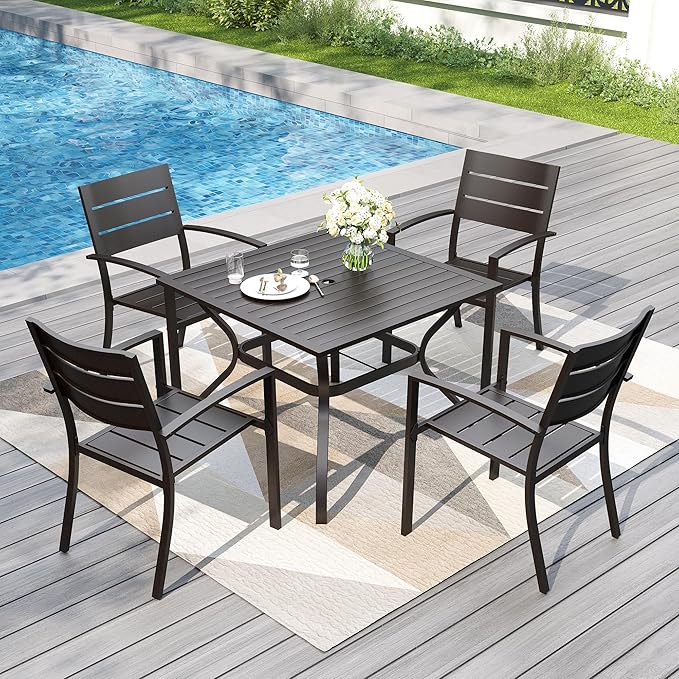 PHI VILLA 5 Pieces Outdoor Patio Dining Set for 4, 37" Black Square Metal Table with Umbrella Hole & Stackable Wrought Iron Chairs, Outside Furniture Set for Deck, Porch, Backyard