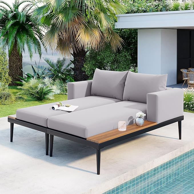 Outdoor Double Metal Daybed, with Wood Topped Side for Drinks, 2 in 1 Padded Sun Lounger with Cushions & Pillows, Patio Chaise Lounge Chair for Poolside Lawn Garden, Gray