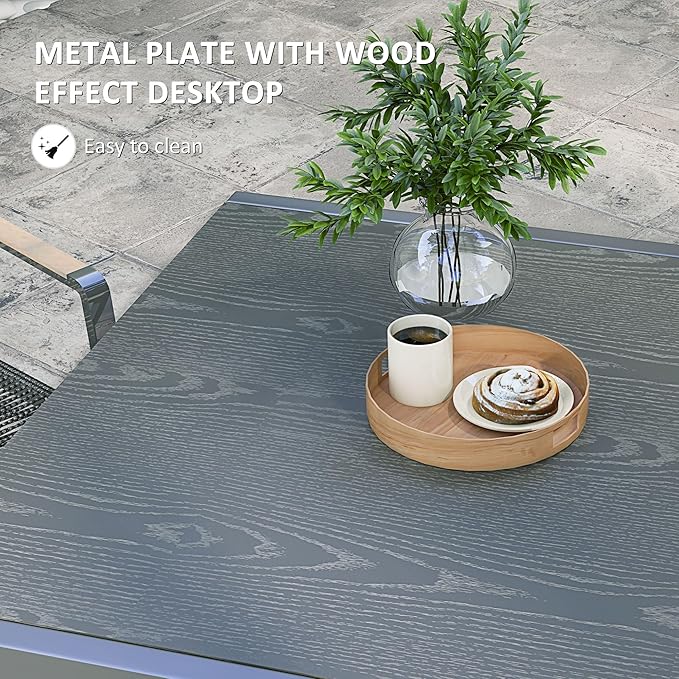 Outsunny Extendable Outdoor Dining Table, 41"- 83" Aluminum Frame Patio Table with Wood Effect Steel Top, Rectangle Expandable Patio Table for 6-8, Dark Gray