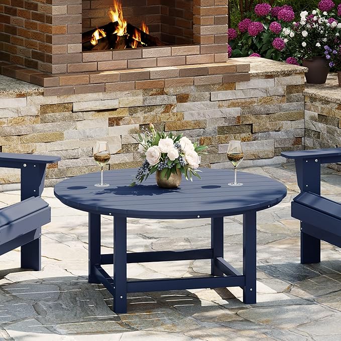WestinTrends Malibu Low Outdoor HDPE Round Patio Coffee Table, Navy Blue