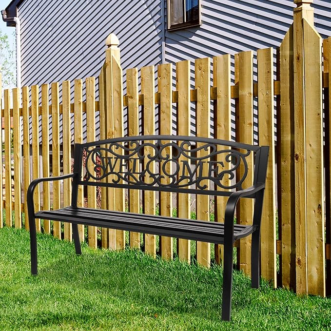 Outvita Outdoor Bench, 50" Metal Garden Bench Patio Park Furniture w/Warm Welcome Pattern & Plastic Backrest for Yard Entryway Deck Porch Black