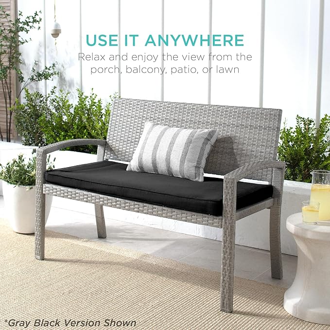 Best Choice Products Outdoor Bench 2-Person Wicker Garden Patio Benches Seating Furniture for Backyard, Porch w/Seat Cushion, 700lb Capacity - Black/Black