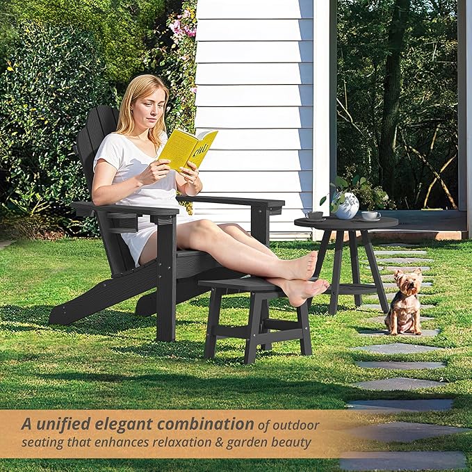 LUE BONA Outdoor Adirondack Ottomans, Footrest Footstool, Outdoor Foot Rest for Patio, HDPS All Weather Waterproof Footrest Footstool for Adirondack Chair, Black