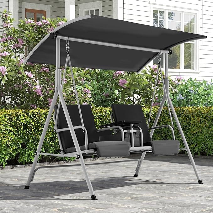 HOMREST 2 Seat Outdoor Porch Swing,Patio Swing with Adjustable Canopy,Heavy Duty 650 LBS Outdoor Swing with Pivot Storage Table & 2 Cup Holders & Cushions for Yard, Lawn, Backyard, (Dark Black)
