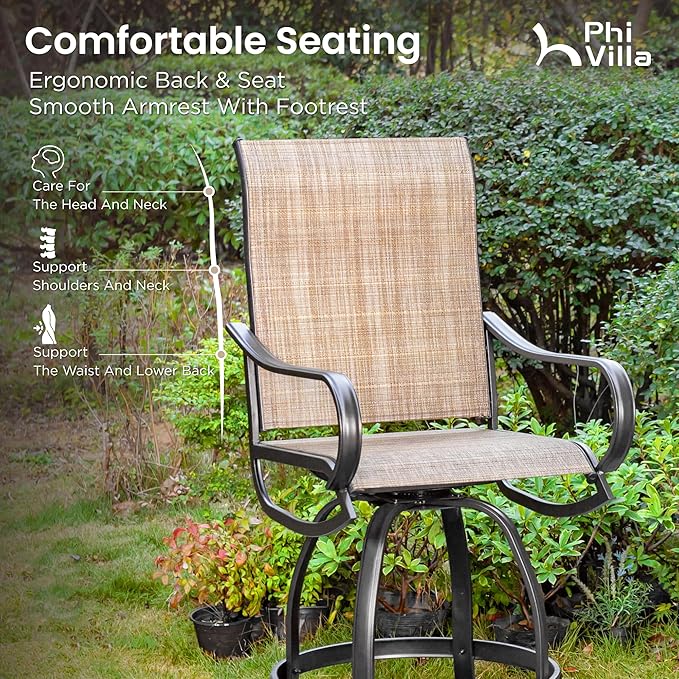 PHI Villa Outdoor Swivel Bar Stools Set of 4, Counter Height Patio Chairs with Waterproof Textile Fabric Brown, Rustproof Metal Frame & Circular Footrest for Poolside, Garden, Yard