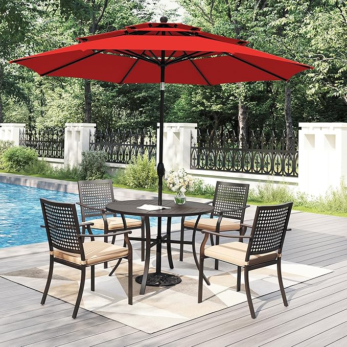 PHI VILLA 5 Pieces Outdoor Dining Set for 4 with Umbrella, 42" Large Round Metal Steel Table & Stackable Iron Chairs with Cushions & 10ft Red Umbrella, Modern Furniture for Patio, Deck, Yard, Porch