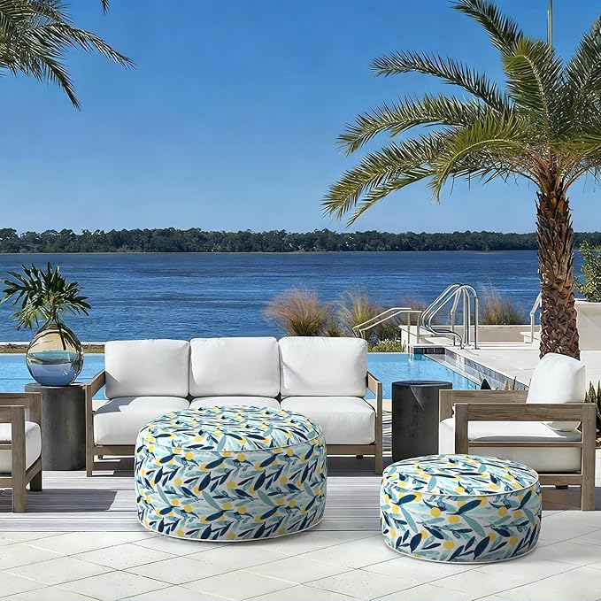 LVTXIII Outdoor/Indoor Inflatable Stool Ottoman, All Weather Patio Footrest Pouf, Portable Round Ottoman for Patio Garden, Camping or Home, D21xH9 Inches, Blue Leaves