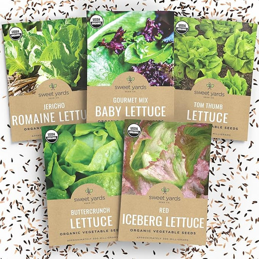 Organic Lettuce & Greens Seeds Variety Pack - 5 Individual Packs - 2026 Season - Buttercrunch, Gourmet Mix, Romaine, Tom Thumb & Iceberg. for Indoor & Outdoor Planting (Non-GMO, Certified Organic)