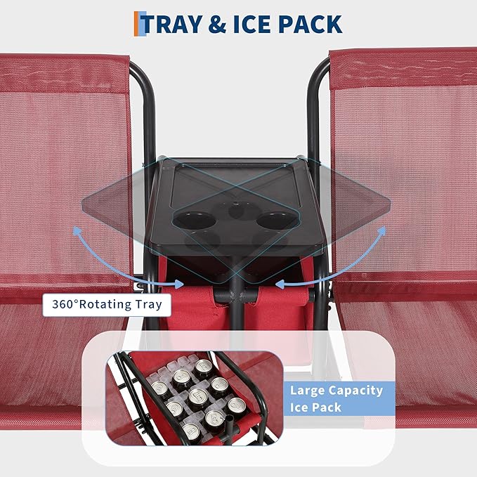2-Person Porch Swing with Cup Holders, Pivot Storage Table & Cooler Bag, Adjustable Canopy, Black Steel Frame Outdoor Patio Swing for Backyard, Balcony & Poolside