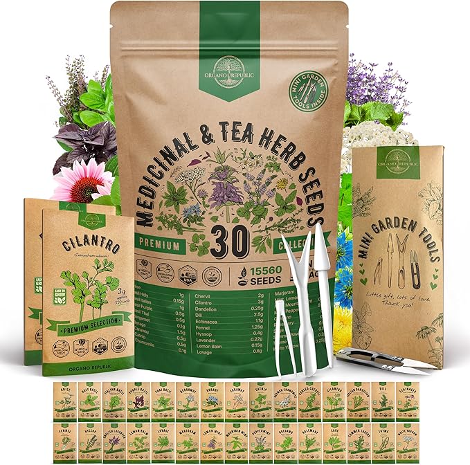 Organo Republic 30 Medicinal & Tea Herb Seeds Variety Pack 15,560+ Non-GMO Heirloom Garden Seeds for Indoor & Outdoors, Including Anise, Bergamot, Borage, Cilantro, Chamomile, Dandelion Seeds