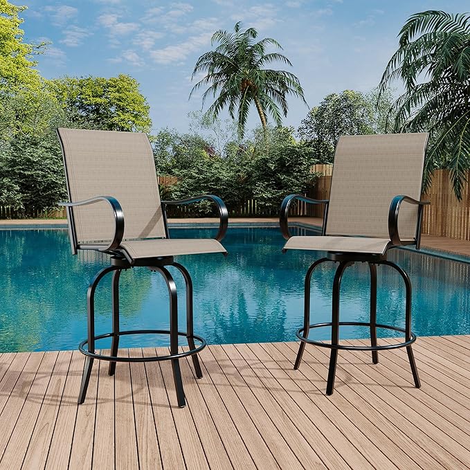 GarveeLife 2 Piece Outdoor Swivel Bar Chairs, Patio High Swivel Bar Stools, All Weather High Back and Armrest Patio Chairs, Outdoor Rotating Chair Counter Height for Deck Lawn Garden Backyard