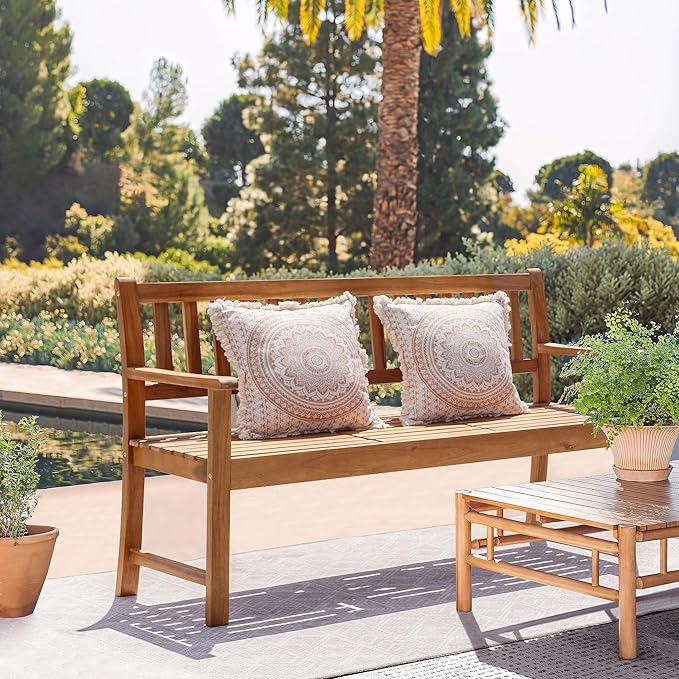 Devoko Outdoor Bench, 2-Person Garden Bench, Patio Wood Bench Outdoor Loveseat with Pull-Out Center Table for Backyard, Balcony and Patio and Garden (Log Color)