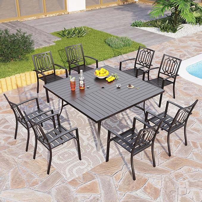 PHI VILLA 9 Pieces Outdoor Dining Set for 8, 60" Black Square Metal Table with Umbrella Hole & Stackable Wrought Iron Chairs, Large Outside Furniture Set for Patio, Deck, Yard, Porch