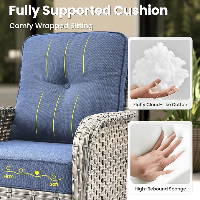 ovios 8-Piece Patio Furniture Set with L-Shape Sofa Chaise, Outdoor Sectional Couch Swivel Gliders Solar Table, Modern Modular Wicker Rattan Conversation Set, Denim Blue