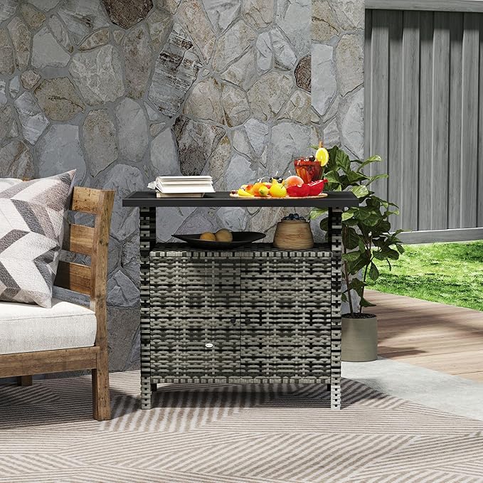Outsunny Wicker Outdoor Storage Cabinet, Rattan Outdoor Bar Table with 2 Doors and Shelf, Outdoor Buffet Cabinet Sideboard with Metal Slatted Countertop for Poolside, Patio, Backyard, Mixed Gray