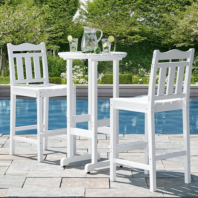 nalone Outdoor Bar Chairs and Table Set, HDPE Balcony Adirondack Chairs and Table 3 Pieces Set, Outdoor Bar Stools Set for Garden, Yard, Backyard (White, Bar Chairs with Table)