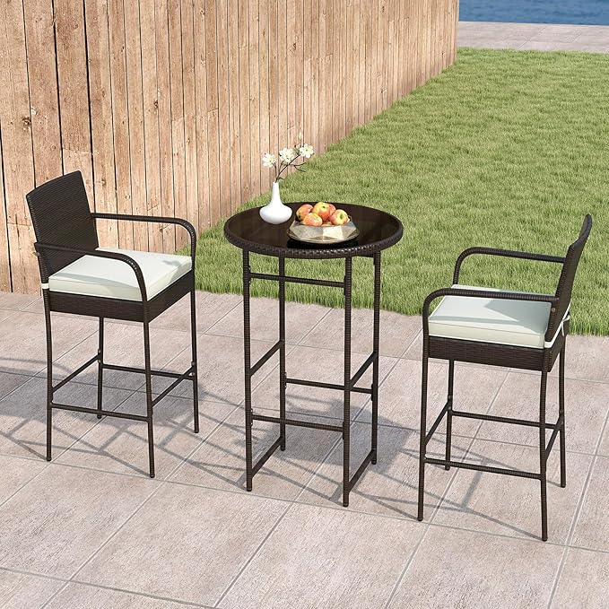 Tangkula 3 Piece Outdoor Bar Set, Patio Rattan Heavy Duty Bar Height Glass Top Table & Chairs w/ 2 Cushioned Barstools, for Porch, Yard, Poolside