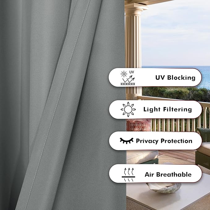 BONZER Waterproof Indoor/Outdoor Curtains for Patio Thick Privacy Grommet Curtains for Bedroom, Living Room, Porch, Pergola, Cabana, 1 Panel, 54W x 95L inch, Grey