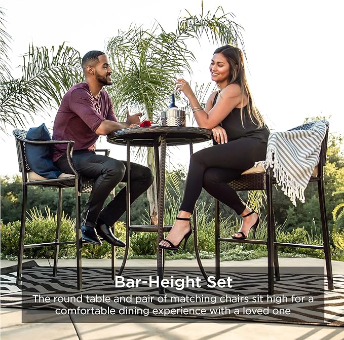 Best Choice Products 3-Piece Patio Bar Table Set, Outdoor Wicker Bar Height Bistro Furniture for Backyard, Poolside, Balcony w/Barstools, Cushions, Steel Frame – Brown/Beige