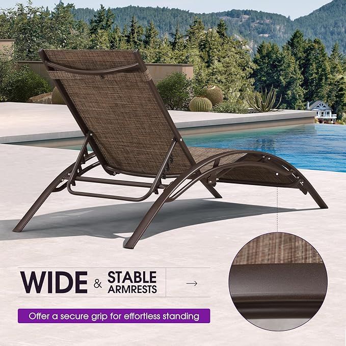 PURPLE LEAF Outdoor Oversized Chaise Lounge Chair Set of 3 Patio Pool Lounger Bronze Aluminum Chairs with Side Table Adjustable Tanning Recliner for Outside Backyard Yard Deck Balcony Beach Brown