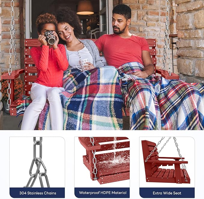 KINGYES Outdoor Hanging Patio Swing Chair, 2 Seat with Cup Holders, Waterproof Bench for Courtyard & Garden, 660LBS Weight Capacity, Red