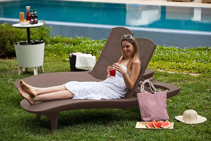 Keter Set of 2 Pacific Sun Lounge Chair Outdoor Chaise Pool Chairs with Resin Rattan Look and Adjustable Back
