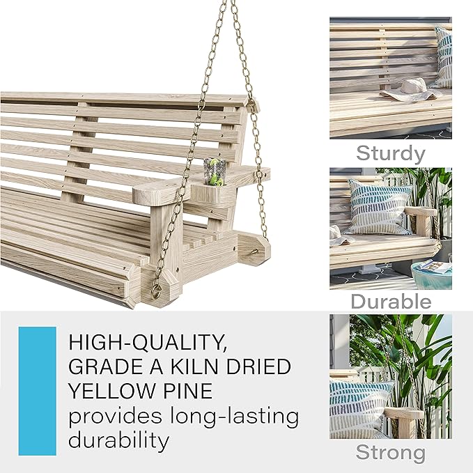 Porchgate Amish Heavy Duty 800 Lb Roll Comfort Treated Porch Swing W/Chains (5 Foot, Unfinished)