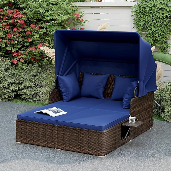 RELAX4LIFE Patio Outdoor Daybed with Canopy, Wicker Rattan Sunbed w/Cushions, 4 Pillows & 2 Retractable Side Trays, 2-Person Lounge Bed Conversation for Poolside Porch Garden (Mix Brown-Navy)
