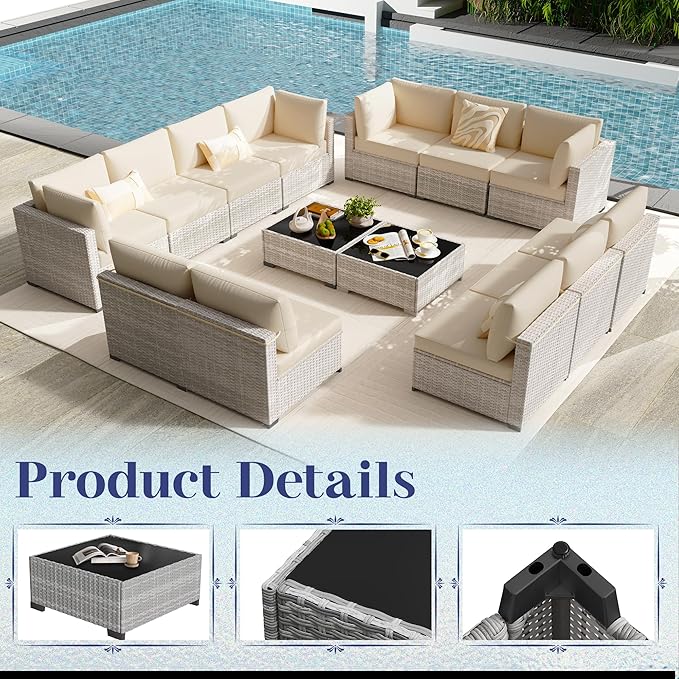 KIGOTY Patio Furniture Set,7 Pieces Modular Outdoor Sectional Sofa, PE Rattan Patio Conversation Set, All Weather Wicker Patio Furniture with Cushions and Coffee Table（Grey White/Grey）