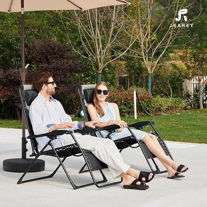 JEAREY Oversized Padded Zero Gravity Chairs, Folding Lounge Chair Outdoor Patio Recliner, Anti Gravity Chair for Backyard with Headrest, Cup Holder, Side Tray, Polyester Mesh - Black/Gray