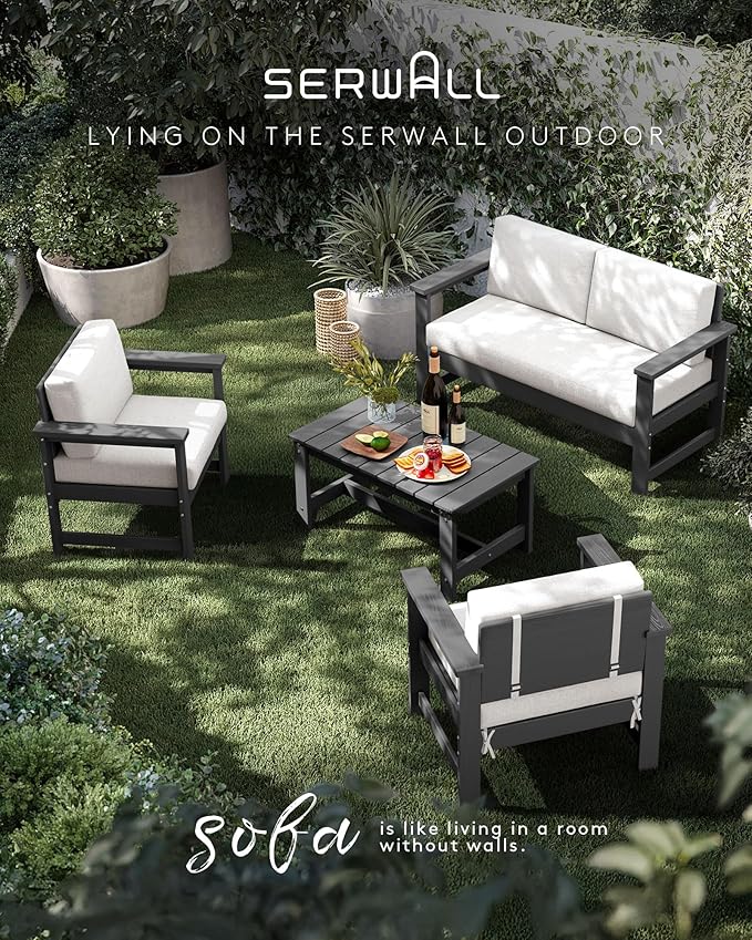 SERWALL 3 Pieces HDPE Outdoor Sofa Bistro Set with Cushions, Outdoor Furniture Sofa Sets with Coffee Table and Cushions, All Weather Conversation Social Set, Grey Frame with Khaki Cushion