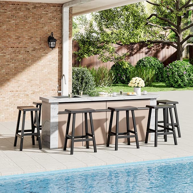 NUNU LAB Waterproof Barstools Set of 2-24 Inch HDPE Dining Height Indoor/Outdoor Stools with Curved Backrest, UV Resistant Kitchen Breakfast Nook Chairs for Dining Room,Patio,Small Space (24")