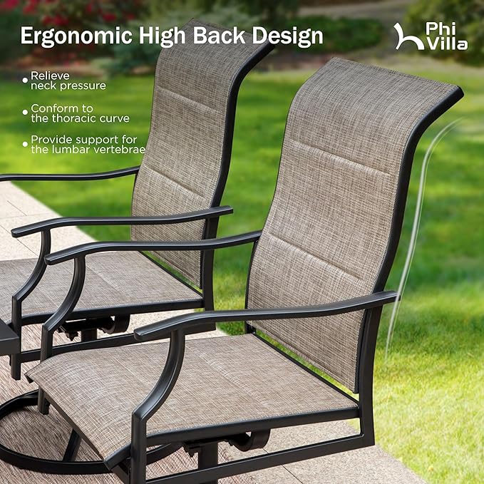PHI VILLA 5 Piece Patio Dining Set, 4 Outdoor Swivel Dining Chairs and Large Round Dining Table(1.57’’ Umbrella Hole), All Weather Table and High Back Chairs for Outdoor Lawn Garden
