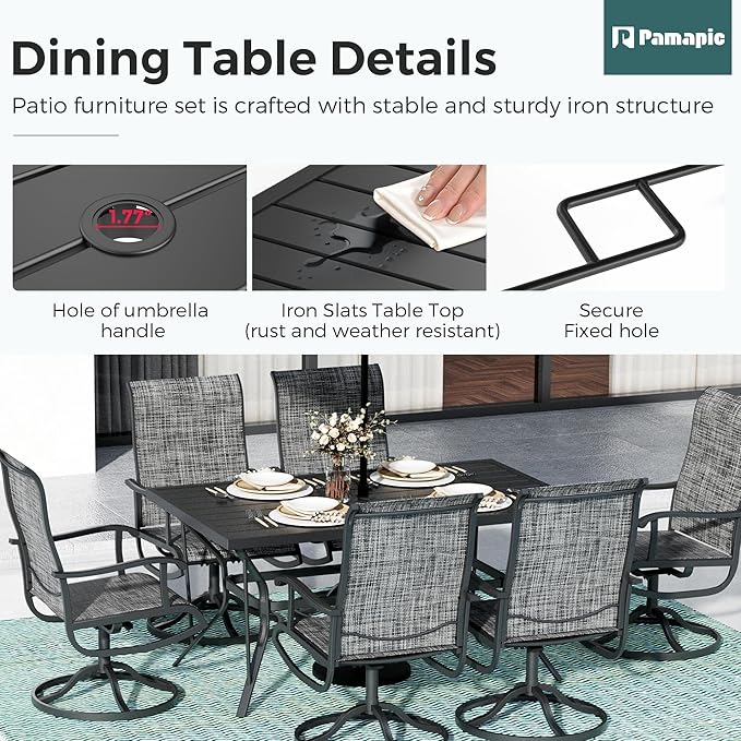 7-Piece Outdoor Dining Set, Patio Furniture Set with 2 Textilene Swivel Chairs & 4 Regular Chairs,Patio Dining Set with 1 Rectangular Table for Garden, Backyard, Poolside, Deck, Charcoal