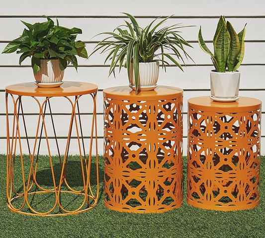 HFHOME Set of 3 Metal Outdoor Side Table, Nesting Round Coffee Table for Indoor Outdoor, Heavy Duty End Tables Plant Stand Living Room Garden Stool - Orange