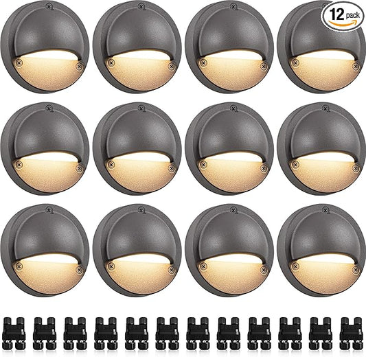 SUNVIE 12 Pack Low Voltage Deck Lights 5W LED Landscape Step Stair Lights Outdoor with Fastlock2 Wire Connector 3000K 12-24V Accent Lighting for Garden Post Fence 3.2FT ETL Listed Cord
