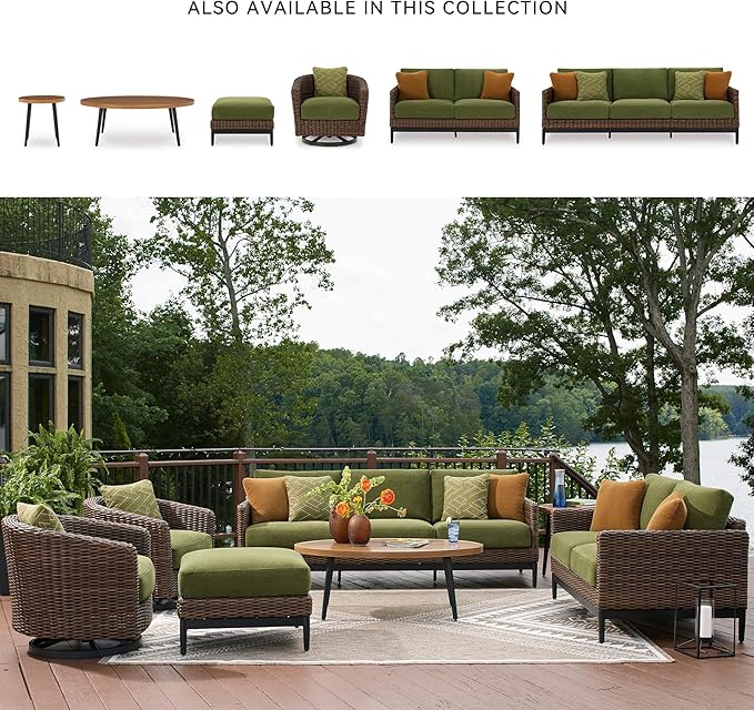 Signature Design by Ashley Horizon Hall Casual Nuvella Weather Resistant Fabric Square Outdoor Ottoman with Cushion, Green & Light Brown