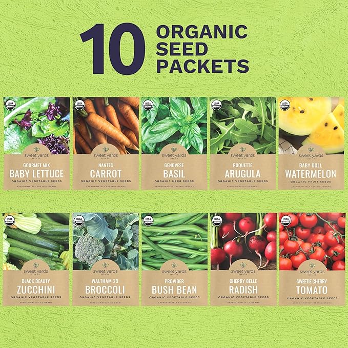 Organic Seeds Essential Variety Pack - 10 Individual Packs - 2026 Season - Summer Squash, Cherry Tomatoes, Arugula, Broccoli and More! for Indoor & Outdoor Planting (Non-GMO, Certified Organic)