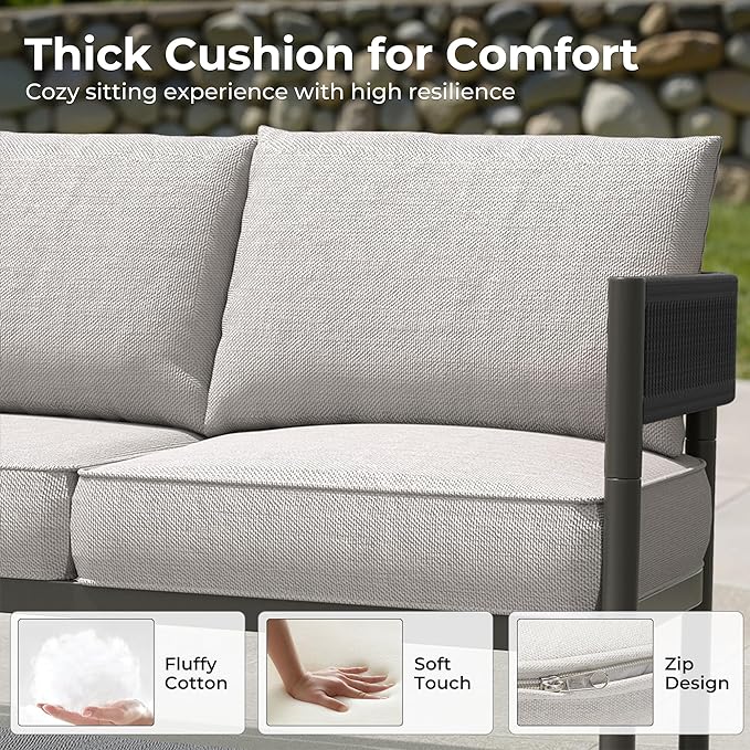 Gand Patio Outdoor 3-Seat Couch Sofa, Wicker Conversation Set with Thick Cushion for Porch, Garden, Yard, Beige