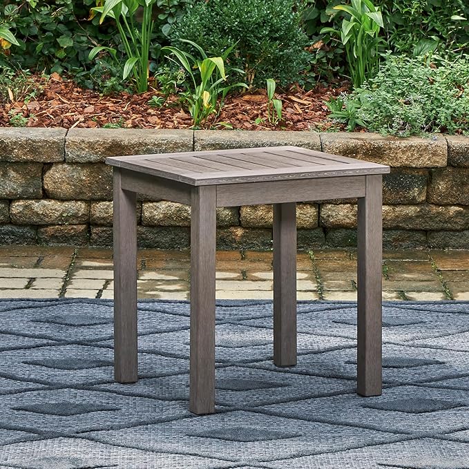 Signature Design by Ashley Hillside Barn Casual Outdoor Weatherwood Resin Polymer End Table with Slatted Tabletop, Brown