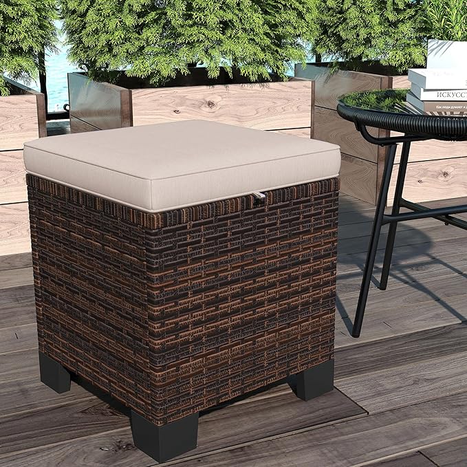 Outsunny 2 Pieces Outdoor Patio Ottomans, All Weather Wicker Outdoor Footstools with Removable Cushions, 3-in-1 PE Rattan Ottoman Seat, Footrest and Side Table for Backyard, Poolside, Cream White